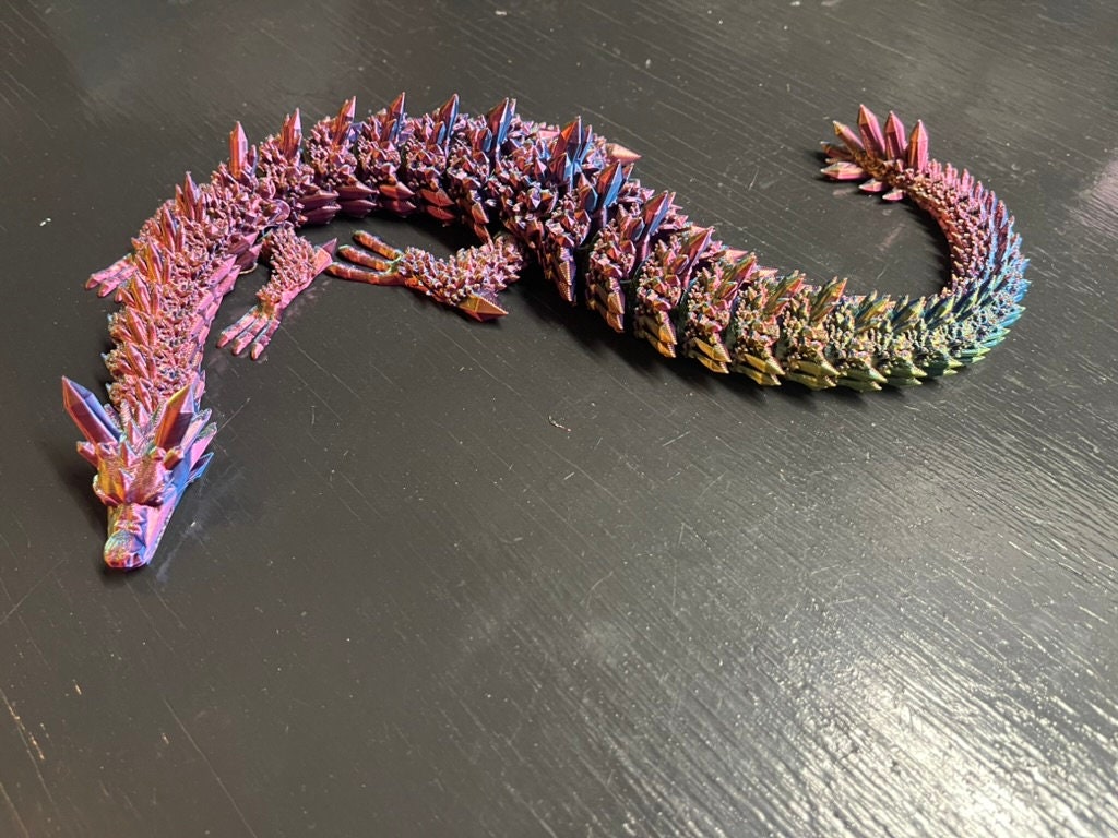 Articulated Crystal Dragon Figurine, 3D Printed Rainbow Color Shifting Fantasy Decor