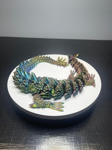 Articulated Crystal Dragon Figurine, 3D Printed Rainbow Color Shifting Fantasy Decor